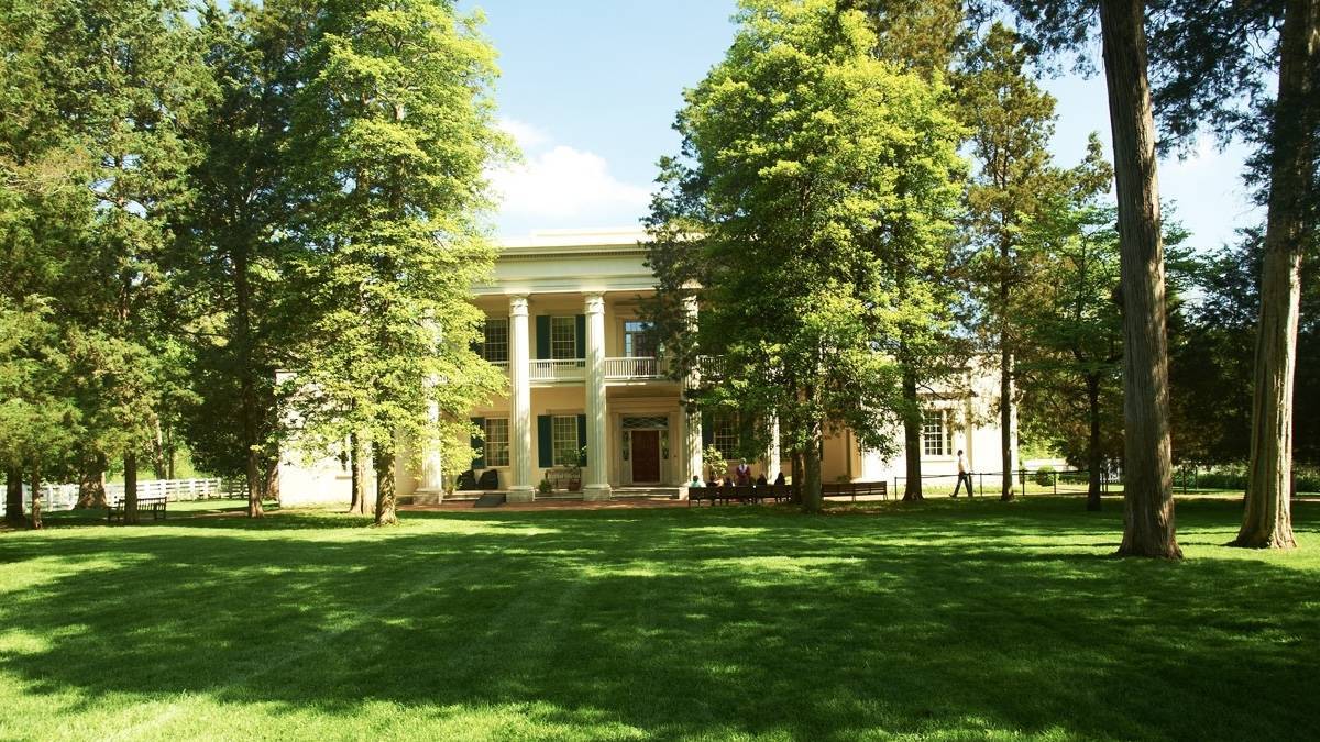 Front of colonial style white home with large green trees and a green lawn surrounding it